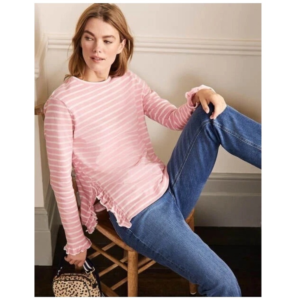 Boden Frilled Ruffle side split Long Sleeve Jersey Top Sweater Pink Striped sz 6 - Picture 6 of 6